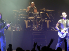 Matt, Corey & Nick from Trivium on stage at Brixton during Defenders Of The Faith III