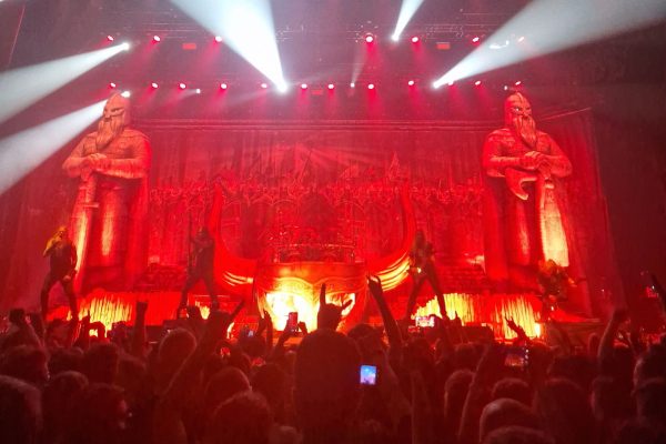Amon Amarth on stage at Wembley Arena, London, 10th September 2022